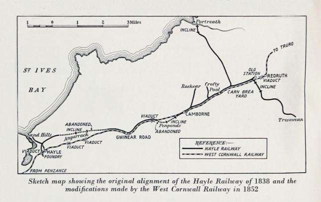 Sketch map showing original alignment of Hayle Railway of 1838 and modifications made by West Cornwall Railway in 1852 Sketch map showing original alignment of Hayle Railway of 1838 and modifications made by West Cornwall Railway in 1852